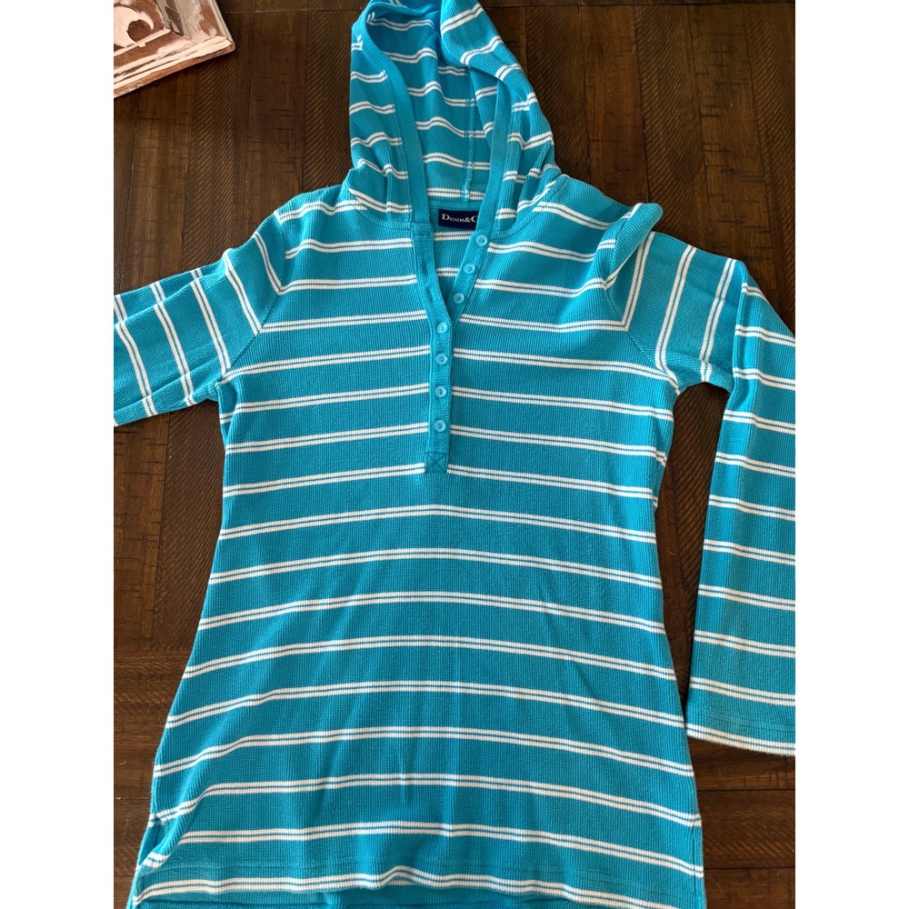 Denim & Co Women's Striped Henley Jersey Hoodie Hooded Aqua White Small Top Blue